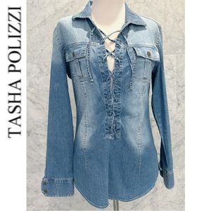 Tasha Polizzi Denim Tailored Fit Tunic Blouse Sz. Small